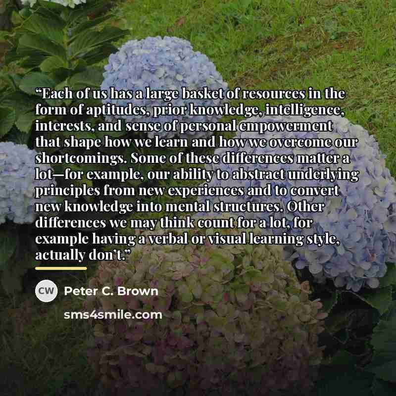 “Each of us has a large basket of resources in the form of aptitudes, prior knowledge, intelligence, interests, and sense of personal empowerment that shape how we learn and how we overcome our shortcomings. Some of these differences matter a lot—for example, our ability to abstract underlying…” quote by Peter C. Brown