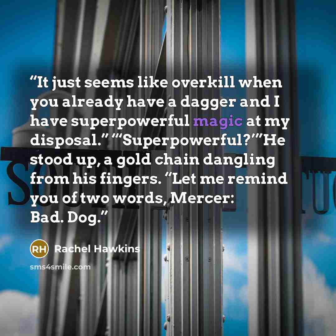 “It just seems like overkill when you already have a dagger and I have superpowerful magic at my disposal.” “‘Superpowerful?’”He stood up, a gold chain dangling from his fingers. “Let me remind you of two words, Mercer: Bad. Dog.” quote by Rachel Hawkins