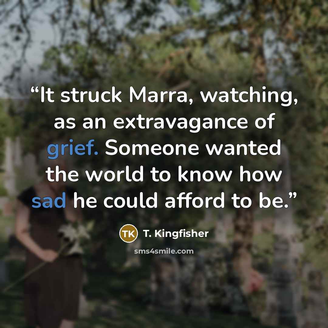 “It struck Marra, watching, as an extravagance of grief. Someone wanted the world to know how sad he could afford to be.” quote by T. Kingfisher