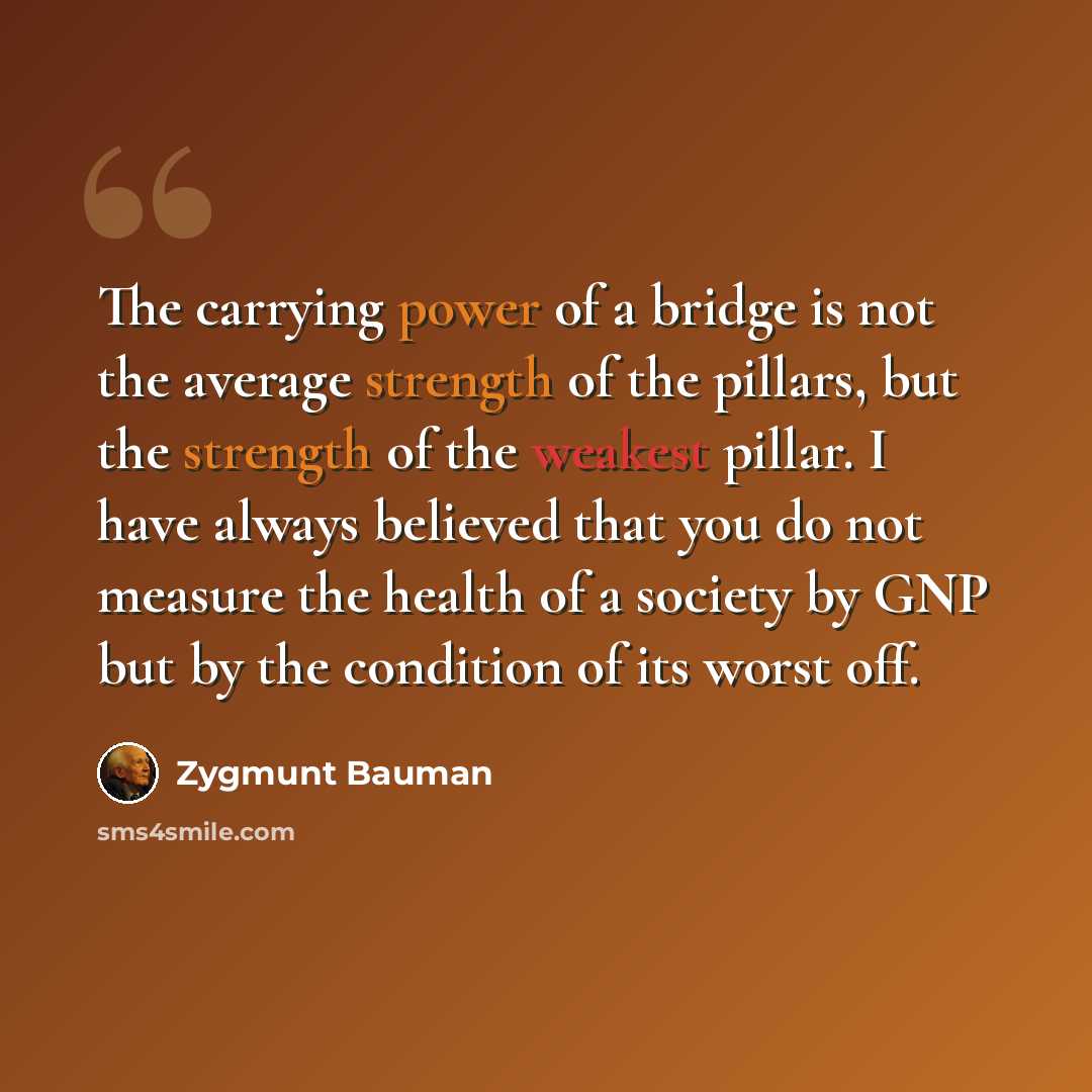“The carrying power of a bridge is not the average strength of the pillars, but the strength of the weakest pillar. I have always believed that you do not measure the health of a society by GNP but by the condition of its worst off.” quote by Zygmunt Bauman