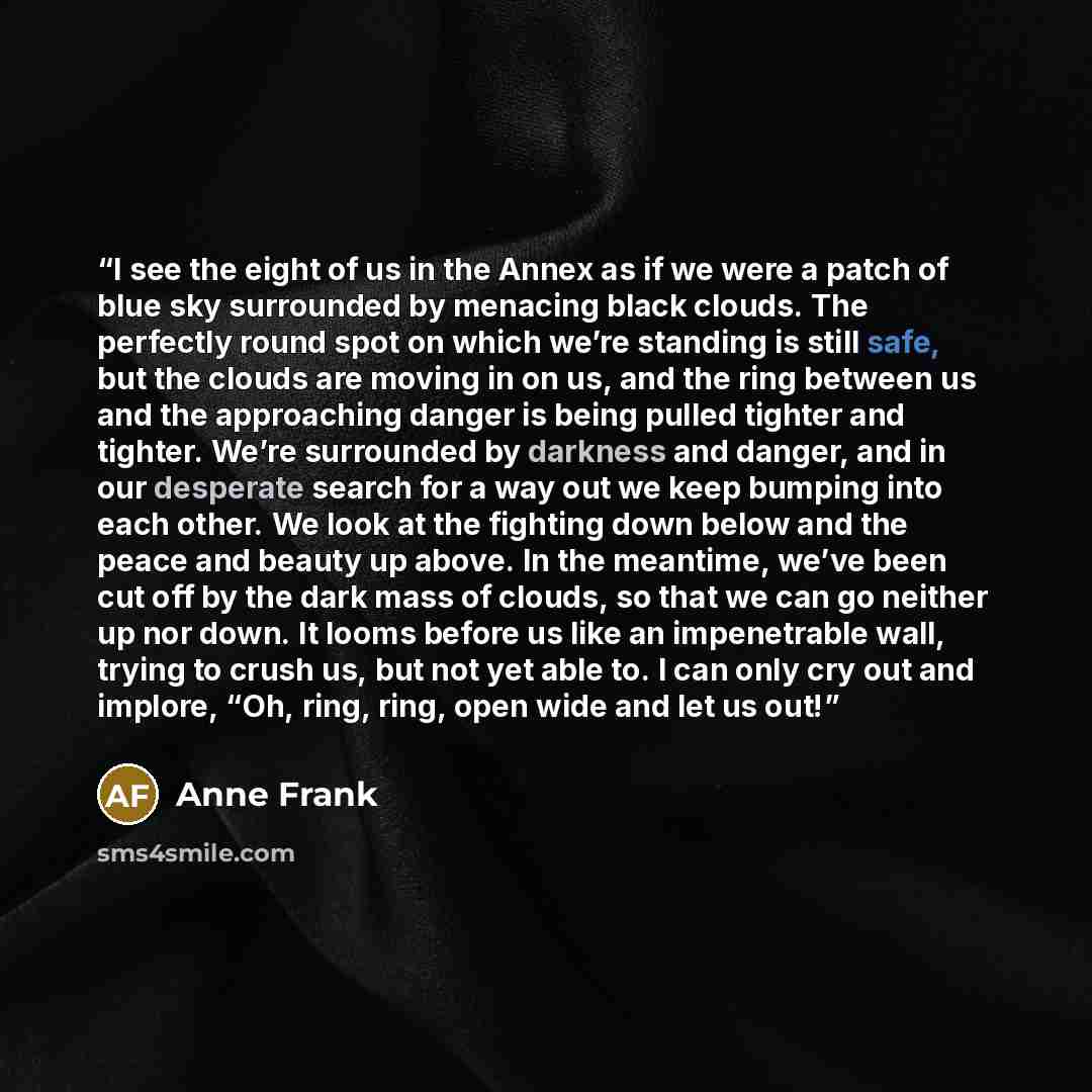 “I see the eight of us in the Annex as if we were a patch of blue sky surrounded by menacing black clouds. The perfectly round spot on which we’re standing is still safe, but the clouds are moving in on us, and the ring between us and the approaching danger is being pulled tighter and tighter…” quote by Anne Frank