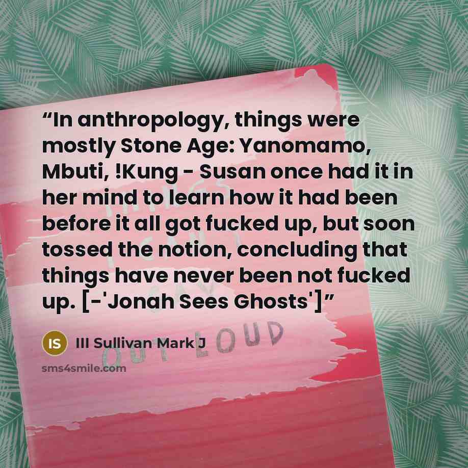 “In anthropology, things were mostly Stone Age: Yanomamo, Mbuti, !Kung - Susan once had it in her mind to learn how it had been before it all got fucked up, but soon tossed the notion, concluding that things have never been not fucked up. [-'Jonah Sees Ghosts']” quote by III Sullivan Mark J