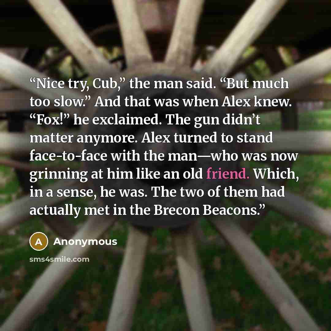 “Nice try, Cub,” the man said. “But much too slow.” And that was when Alex knew. “Fox!” he exclaimed. The gun didn’t matter anymore. Alex turned to stand face-to-face with the man—who was now grinning at him like an old friend. Which, in a sense, he was. The two of them had actually met in the…” quote by Anonymous