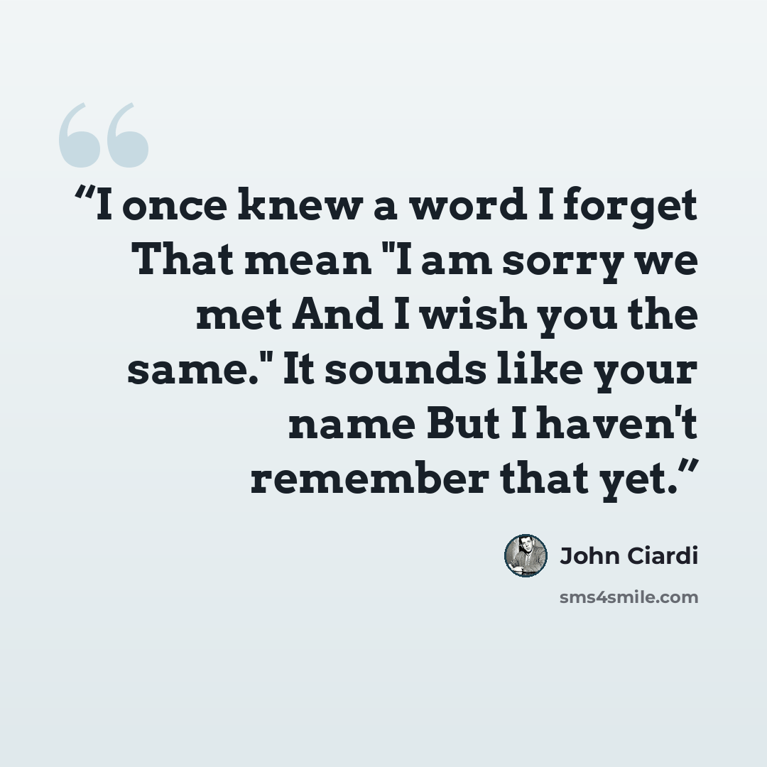 “I once knew a word I forget That mean "I am sorry we met And I wish you the same." It sounds like your name But I haven't remember that yet.” quote by John Ciardi