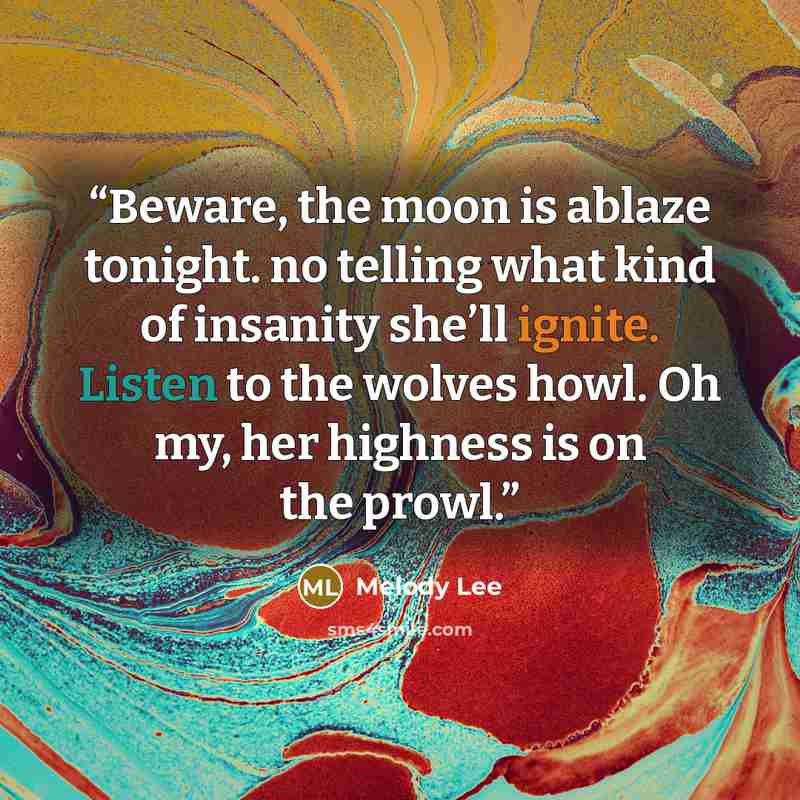“Beware, the moon is ablaze tonight. no telling what kind of insanity she’ll ignite. Listen to the wolves howl. Oh my, her highness is on the prowl.” quote by Melody Lee