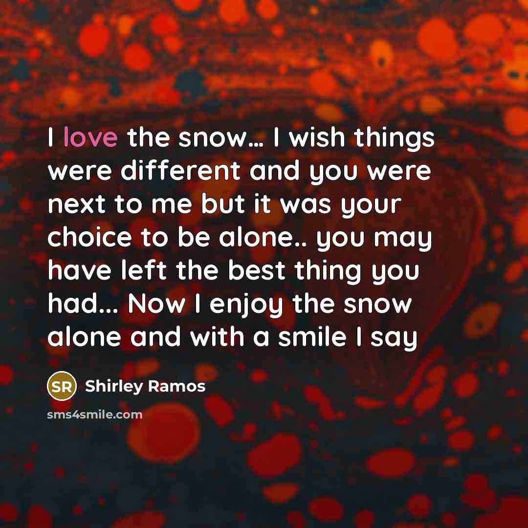 “I love the snow… I wish things were different and you were next to me but it was your choice to be alone.. you may have left the best thing you had... Now I enjoy the snow alone and with a smile I say” quote by Shirley Ramos
