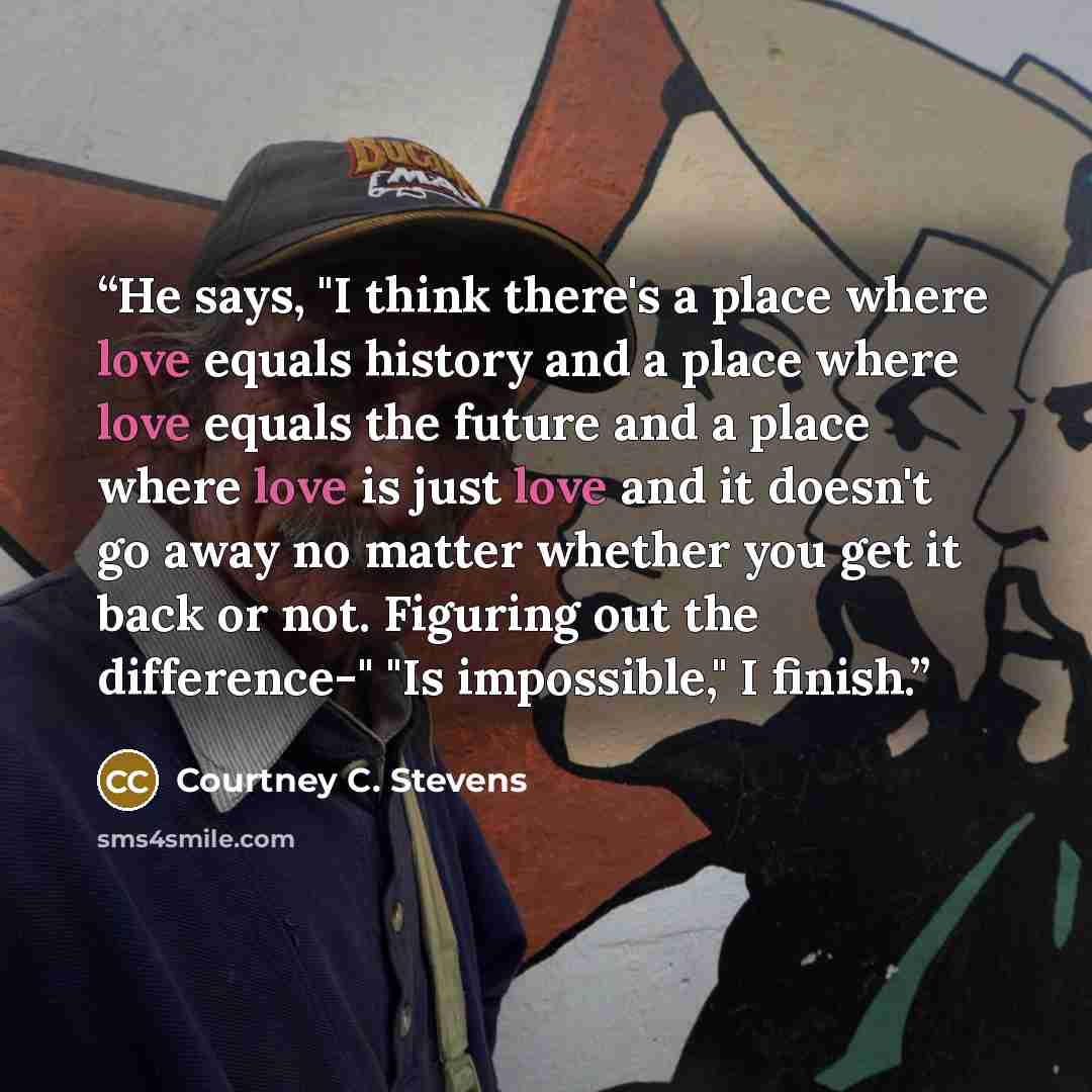 “He says, "I think there's a place where love equals history and a place where love equals the future and a place where love is just love and it doesn't go away no matter whether you get it back or not. Figuring out the difference-" "Is impossible," I finish.” quote by Courtney C. Stevens