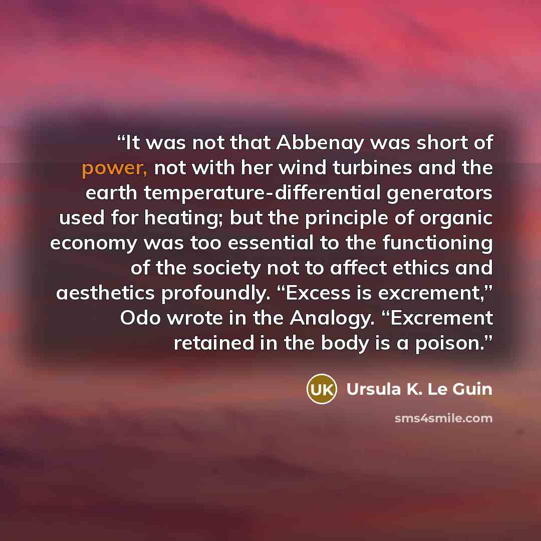 “It was not that Abbenay was short of power, not with her wind turbines and the earth temperature-differential generators used for heating; but the principle of organic economy was too essential to the functioning of the society not to affect ethics and aesthetics profoundly. “Excess is excrement,”…” quote by Ursula K. Le Guin