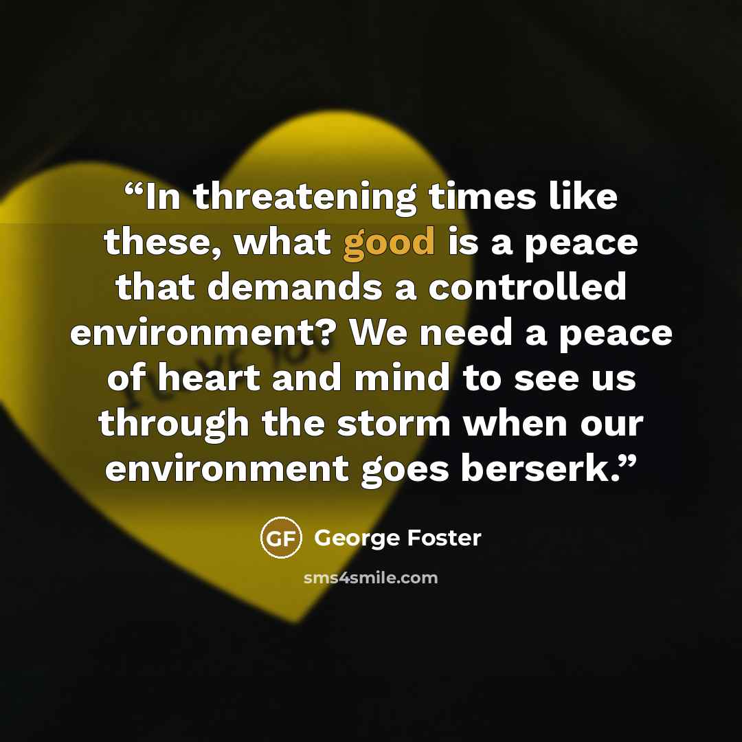 “In threatening times like these, what good is a peace that demands a controlled environment? We need a peace of heart and mind to see us through the storm when our environment goes berserk.” quote by George Foster
