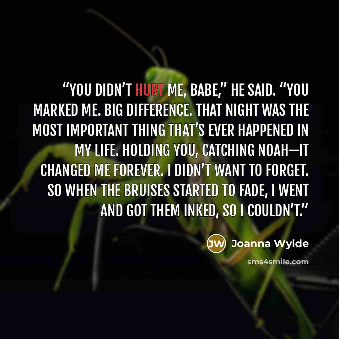 “You didn’t hurt me, babe,” he said. “You marked me. Big difference. That night was the most important thing that’s ever happened in my life. Holding you, catching Noah—it changed me forever. I didn’t want to forget. So when the bruises started to fade, I went and got them inked, so I couldn’t.” quote by Joanna Wylde