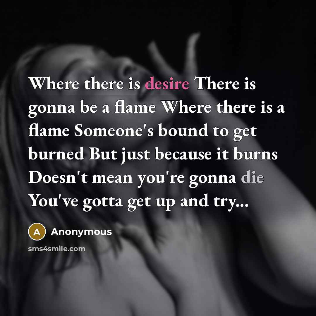 “Where there is desire There is gonna be a flame Where there is a flame Someone's bound to get burned But just because it burns Doesn't mean you're gonna die You've gotta get up and try...” quote by Anonymous