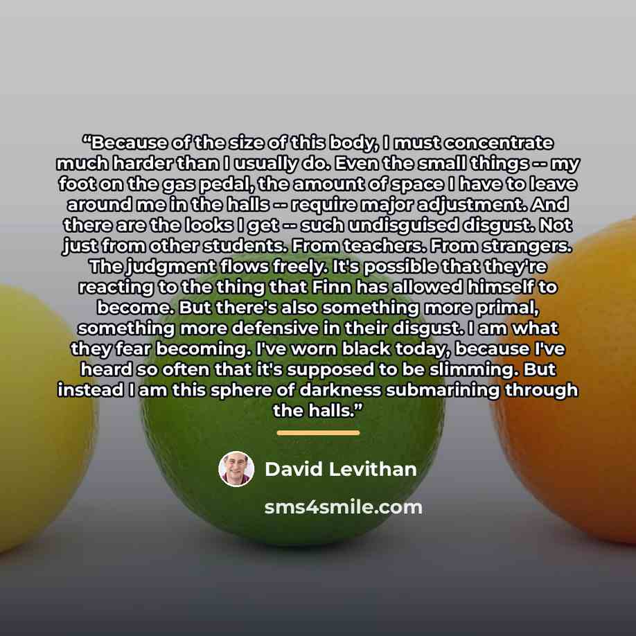 “Because of the size of this body, I must concentrate much harder than I usually do. Even the small things -- my foot on the gas pedal, the amount of space I have to leave around me in the halls -- require major adjustment. And there are the looks I get -- such undisguised disgust. Not just from…” quote by David Levithan