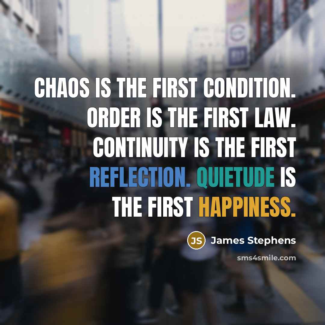 “Chaos is the first condition. Order is the first law. Continuity is the first reflection. Quietude is the first happiness.” quote by James Stephens