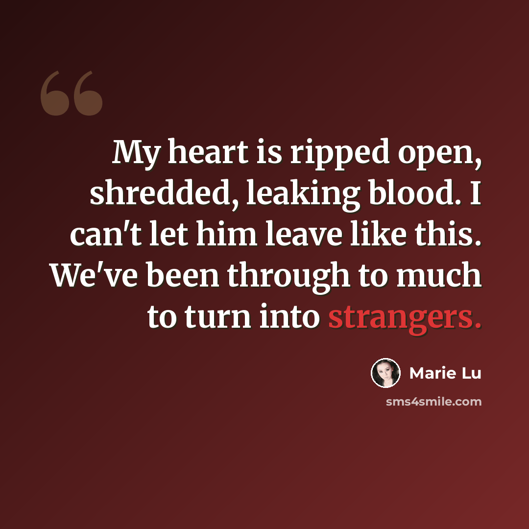 “My heart is ripped open, shredded, leaking blood. I can't let him leave like this. We've been through to much to turn into strangers.” quote by Marie Lu
