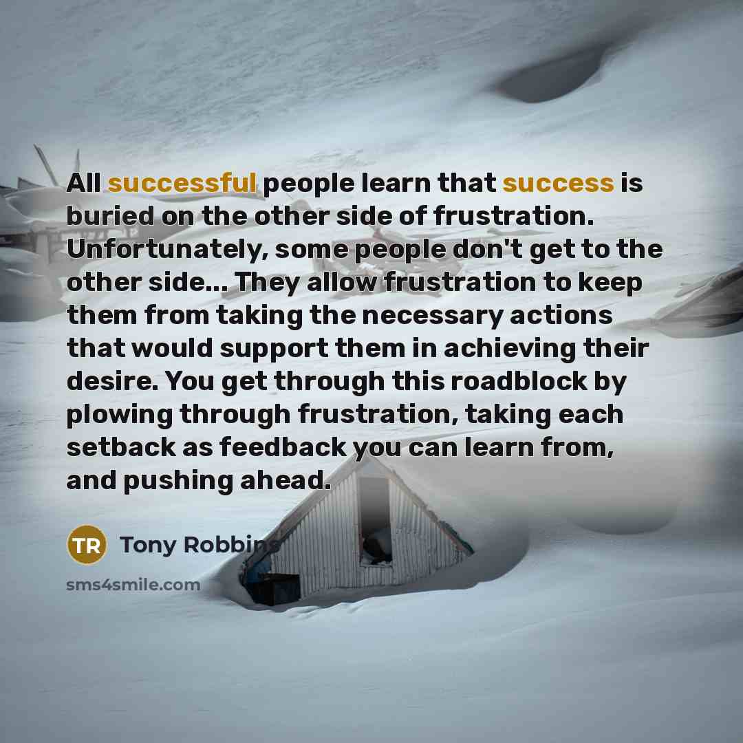 “All successful people learn that success is buried on the other side of frustration. Unfortunately, some people don't get to the other side... They allow frustration to keep them from taking the necessary actions that would support them in achieving their desire. You get through this roadblock by…” quote by Tony Robbins