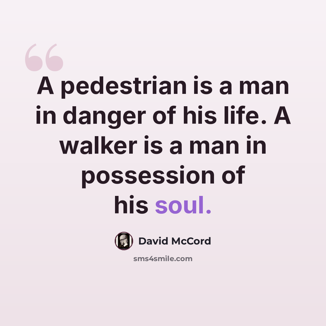 “A pedestrian is a man in danger of his life. A walker is a man in possession of his soul.” quote by David McCord