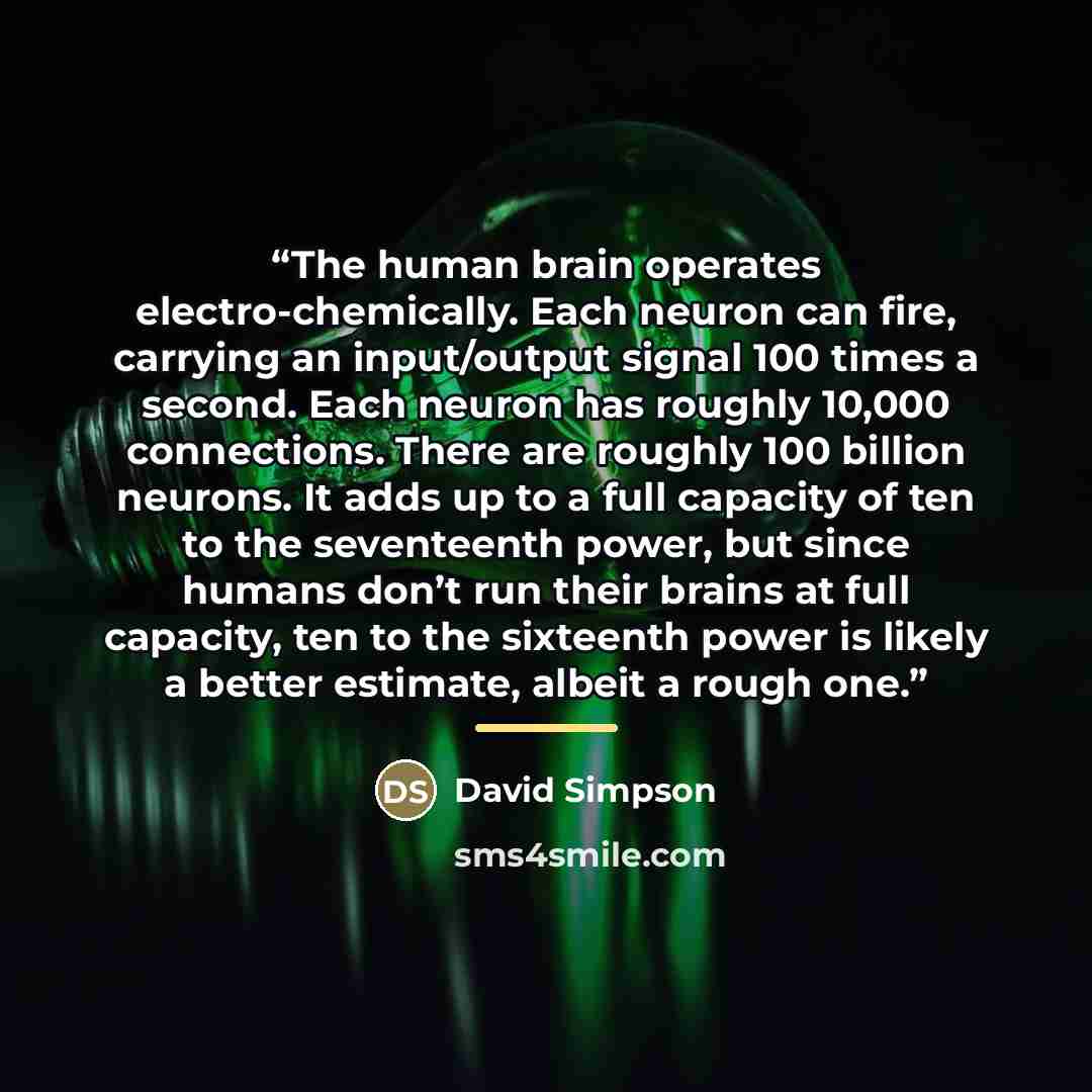 “The human brain operates electro-chemically. Each neuron can fire, carrying an input/output signal 100 times a second. Each neuron has roughly 10,000 connections. There are roughly 100 billion neurons. It adds up to a full capacity of ten to the seventeenth power, but since humans don’t run their…” quote by David Simpson