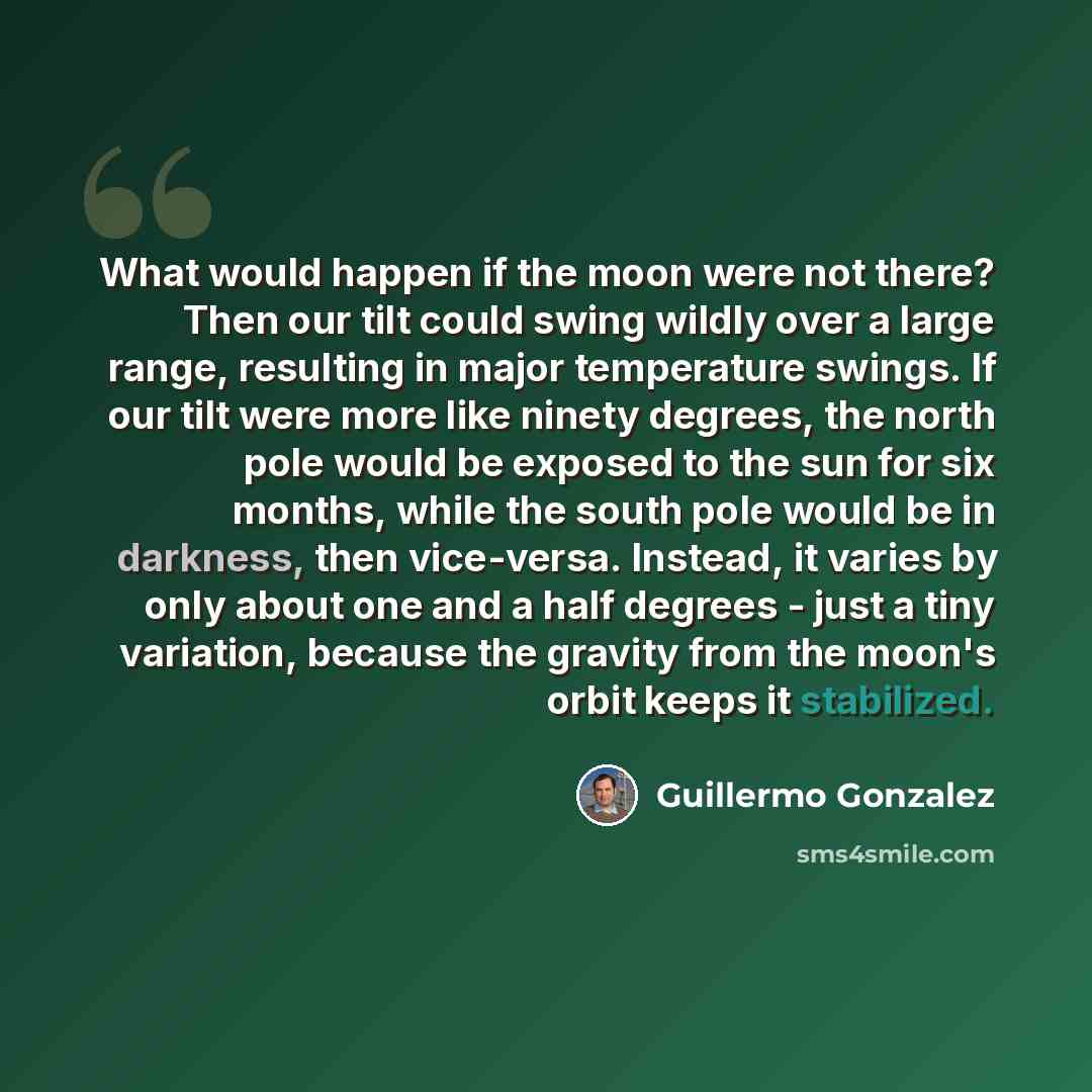 “What would happen if the moon were not there? Then our tilt could swing wildly over a large range, resulting in major temperature swings. If our tilt were more like ninety degrees, the north pole would be exposed to the sun for six months, while the south pole would be in darkness, then…” quote by Guillermo Gonzalez