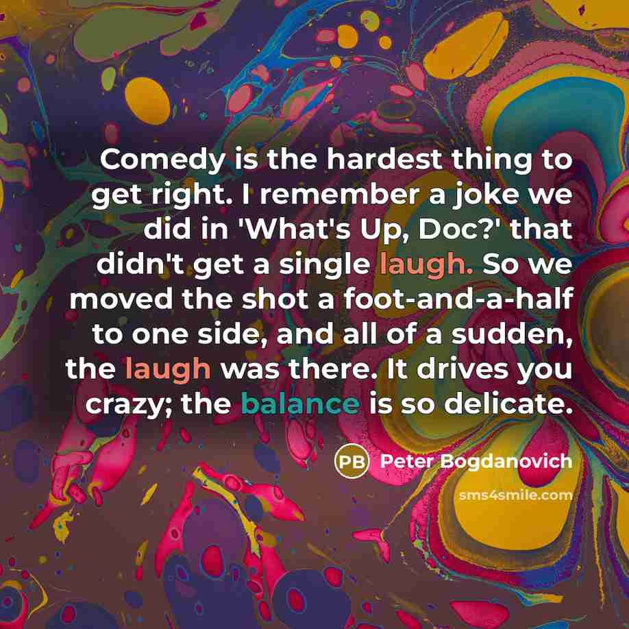 “Comedy is the hardest thing to get right. I remember a joke we did in 'What's Up, Doc?' that didn't get a single laugh. So we moved the shot a foot-and-a-half to one side, and all of a sudden, the laugh was there. It drives you crazy; the balance is so delicate.” quote by Peter Bogdanovich