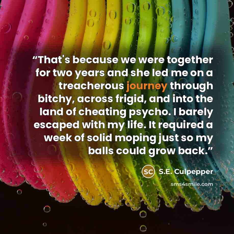 “That's because we were together for two years and she led me on a treacherous journey through bitchy, across frigid, and into the land of cheating psycho. I barely escaped with my life. It required a week of solid moping just so my balls could grow back.” quote by S.E. Culpepper