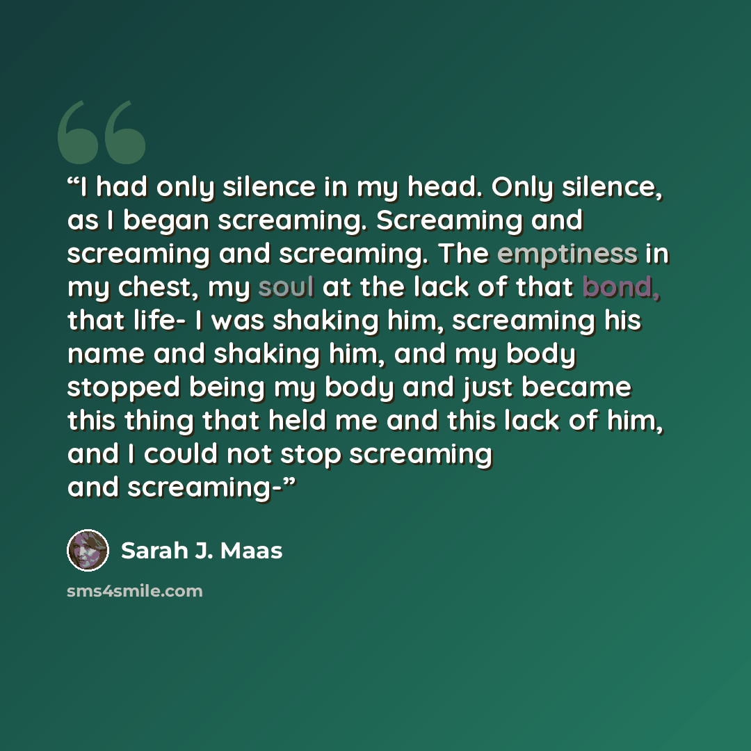 “I had only silence in my head. Only silence, as I began screaming. Screaming and screaming and screaming. The emptiness in my chest, my soul at the lack of that bond, that life- I was shaking him, screaming his name and shaking him, and my body stopped being my body and just became this thing that…” quote by Sarah J. Maas