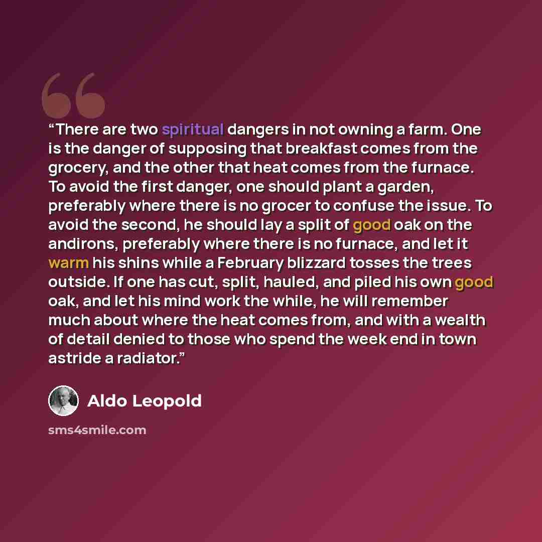 “There are two spiritual dangers in not owning a farm. One is the danger of supposing that breakfast comes from the grocery, and the other that heat comes from the furnace. To avoid the first danger, one should plant a garden, preferably where there is no grocer to confuse the issue. To avoid the…” quote by Aldo Leopold