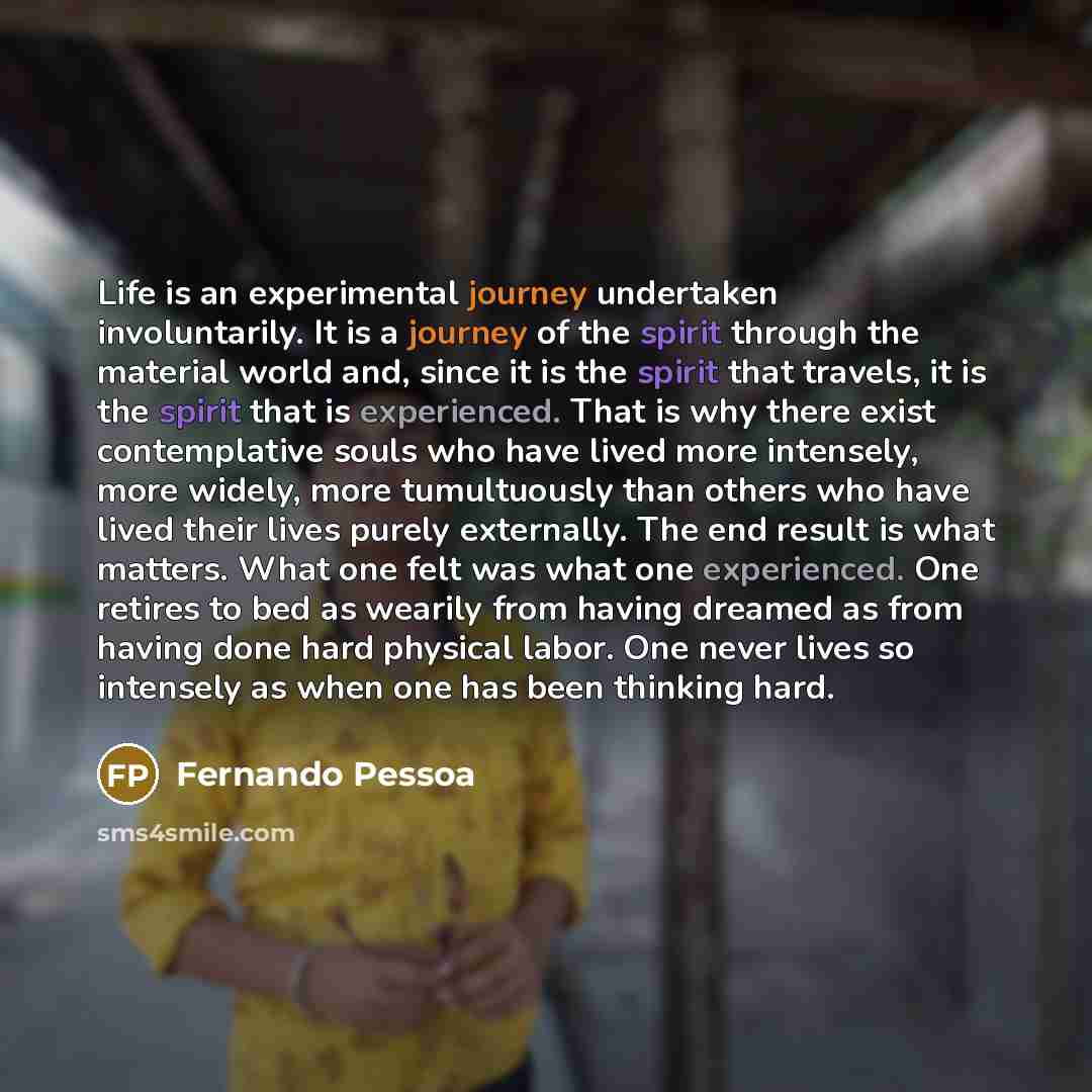 “Life is an experimental journey undertaken involuntarily. It is a journey of the spirit through the material world and, since it is the spirit that travels, it is the spirit that is experienced. That is why there exist contemplative souls who have lived more intensely, more widely, more…” quote by Fernando Pessoa