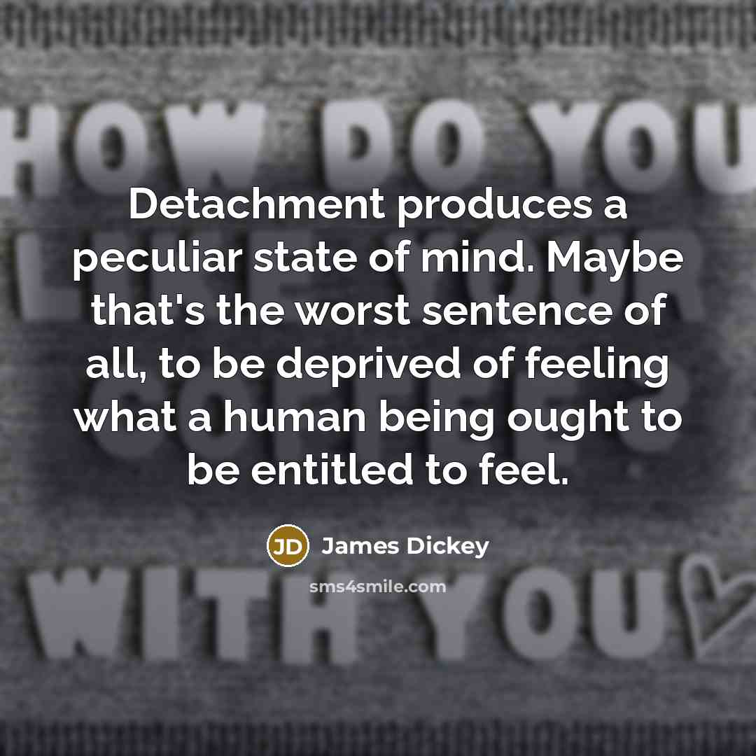 “Detachment produces a peculiar state of mind. Maybe that's the worst sentence of all, to be deprived of feeling what a human being ought to be entitled to feel.” quote by James Dickey