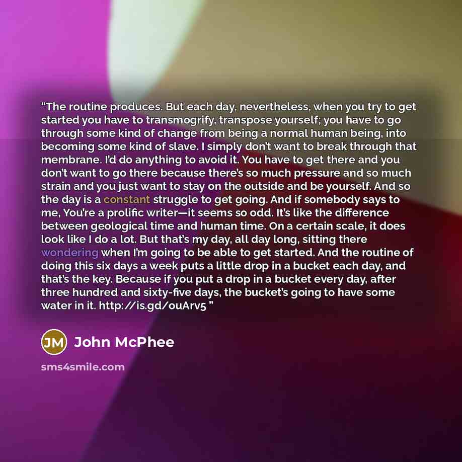 “The routine produces. But each day, nevertheless, when you try to get started you have to transmogrify, transpose yourself; you have to go through some kind of change from being a normal human being, into becoming some kind of slave. I simply don’t want to break through that membrane. I’d do…” quote by John McPhee
