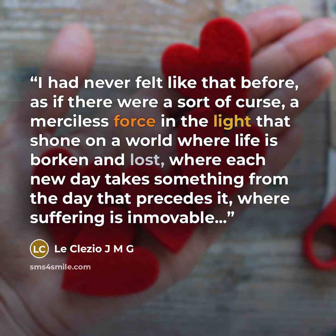 “I had never felt like that before, as if there were a sort of curse, a merciless force in the light that shone on a world where life is borken and lost, where each new day takes something from the day that precedes it, where suffering is inmovable...” quote by Le Clezio J M G