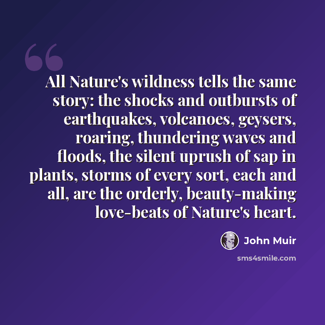 “All Nature's wildness tells the same story: the shocks and outbursts of earthquakes, volcanoes, geysers, roaring, thundering waves and floods, the silent uprush of sap in plants, storms of every sort, each and all, are the orderly, beauty-making love-beats of Nature's heart.” quote by John Muir