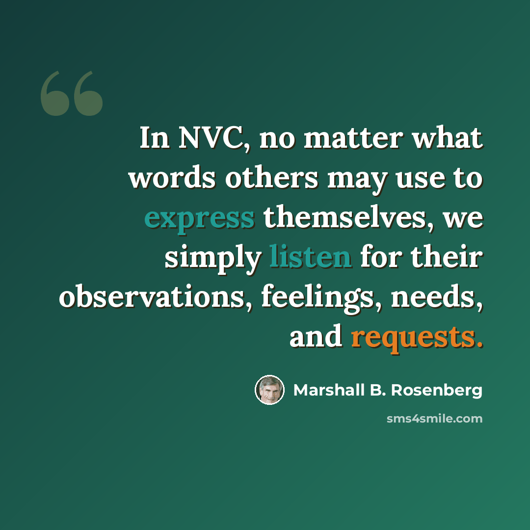“In NVC, no matter what words others may use to express themselves, we simply listen for their observations, feelings, needs, and requests.” quote by Marshall B. Rosenberg