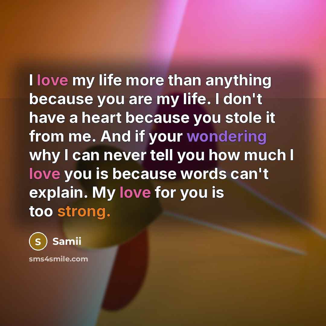 “I love my life more than anything because you are my life. I don't have a heart because you stole it from me. And if your wondering why I can never tell you how much I love you is because words can't explain. My love for you is too strong.” quote by Samii