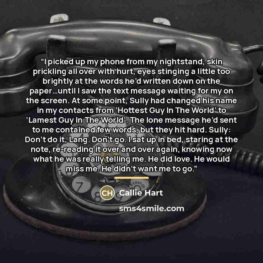 “I picked up my phone from my nightstand, skin prickling all over with hurt, eyes stinging a little too brightly at the words he’d written down on the paper…until I saw the text message waiting for my on the screen. At some point, Sully had changed his name in my contacts from ‘Hottest Guy In The…” quote by Callie Hart