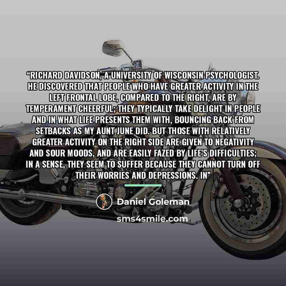 “Richard Davidson, a University of Wisconsin psychologist. He discovered that people who have greater activity in the left frontal lobe, compared to the right, are by temperament cheerful; they typically take delight in people and in what life presents them with, bouncing back from setbacks as my…” quote by Daniel Goleman