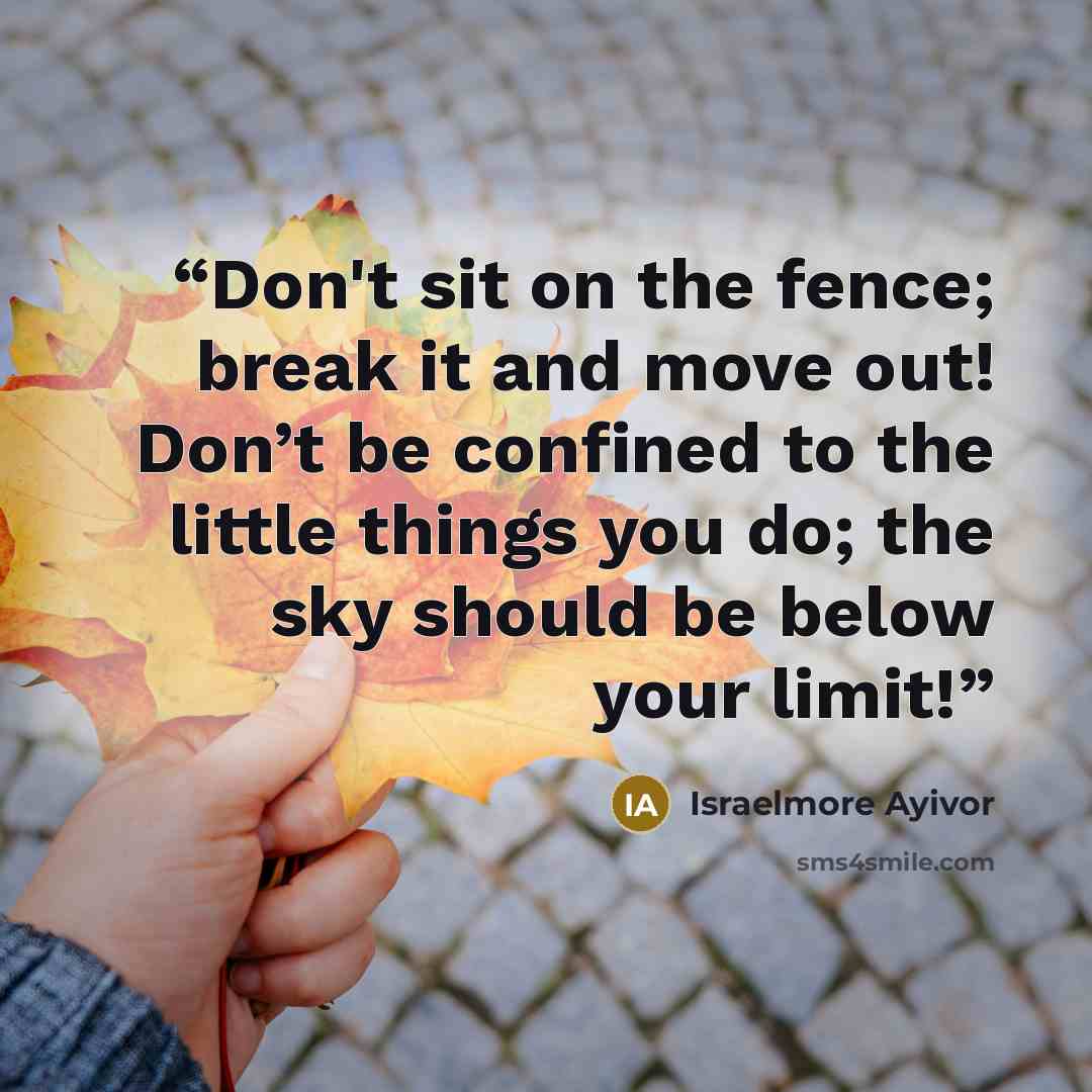 “Don't sit on the fence; break it and move out! Don’t be confined to the little things you do; the sky should be below your limit!” quote by Israelmore Ayivor