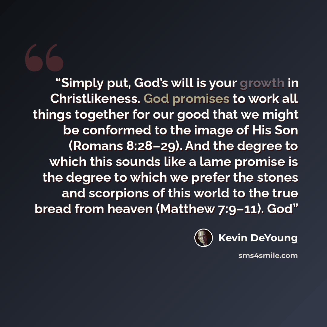 “Simply put, God’s will is your growth in Christlikeness. God promises to work all things together for our good that we might be conformed to the image of His Son (Romans 8:28–29). And the degree to which this sounds like a lame promise is the degree to which we prefer the stones and scorpions of…” quote by Kevin DeYoung