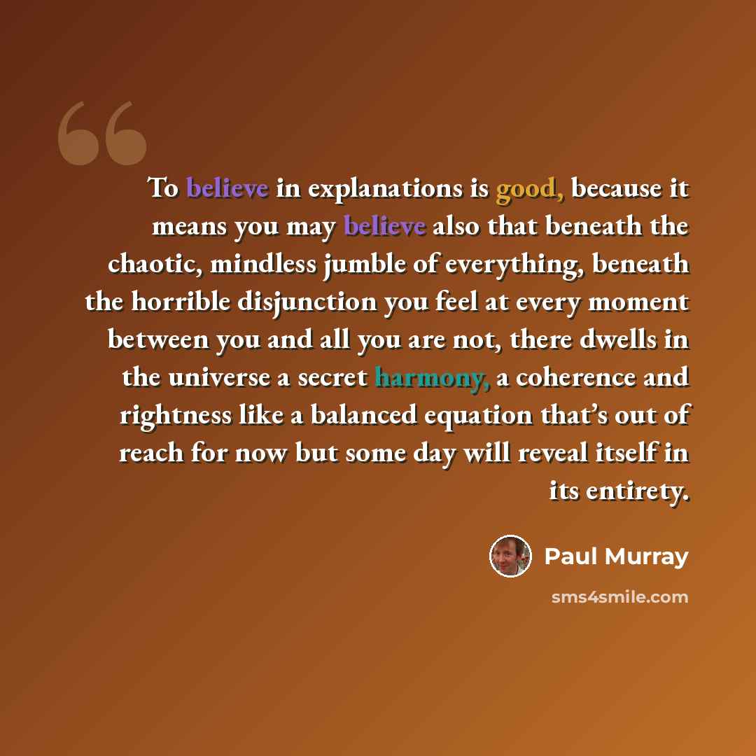“To believe in explanations is good, because it means you may believe also that beneath the chaotic, mindless jumble of everything, beneath the horrible disjunction you feel at every moment between you and all you are not, there dwells in the universe a secret harmony, a coherence and rightness…” quote by Paul Murray