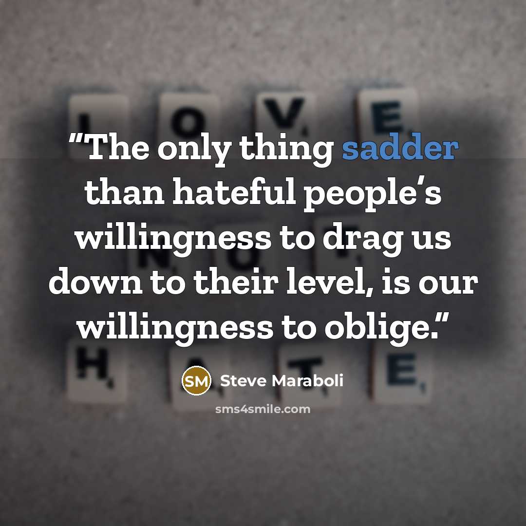 “The only thing sadder than hateful people’s willingness to drag us down to their level, is our willingness to oblige.” quote by Steve Maraboli