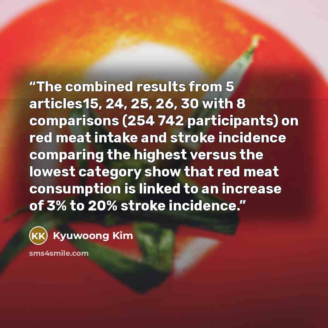 “The combined results from 5 articles15, 24, 25, 26, 30 with 8 comparisons (254 742 participants) on red meat intake and stroke incidence comparing the highest versus the lowest category show that red meat consumption is linked to an increase of 3% to 20% stroke incidence.” quote by Kyuwoong Kim