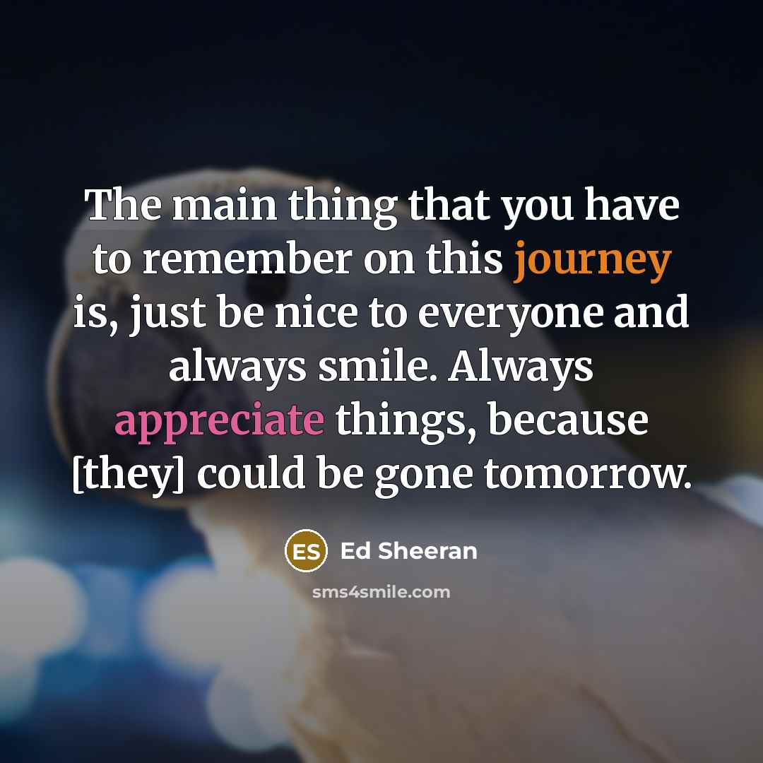 “The main thing that you have to remember on this journey is, just be nice to everyone and always smile. Always appreciate things, because [they] could be gone tomorrow.” quote by Ed Sheeran