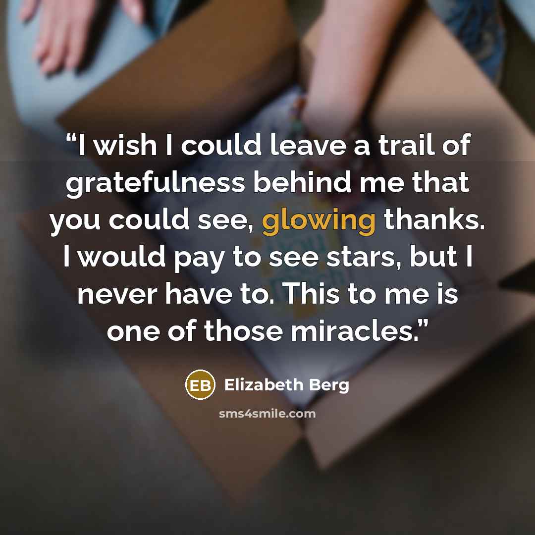 “I wish I could leave a trail of gratefulness behind me that you could see, glowing thanks. I would pay to see stars, but I never have to. This to me is one of those miracles.” quote by Elizabeth Berg