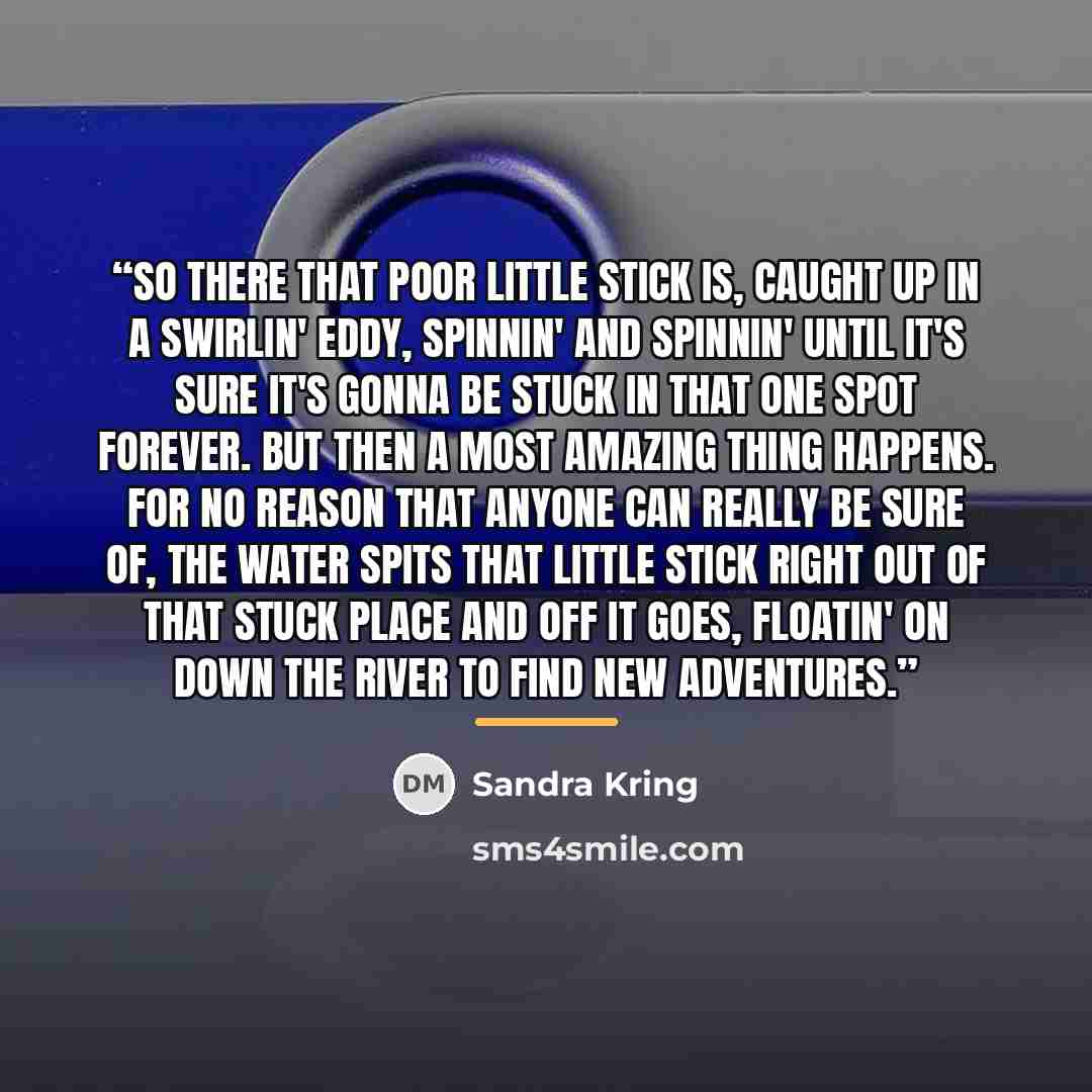 “So there that poor little stick is, caught up in a swirlin' eddy, spinnin' and spinnin' until it's sure it's gonna be stuck in that one spot forever. But then a most amazing thing happens. For no reason that anyone can really be sure of, the water spits that little stick right out of that stuck…” quote by Sandra Kring