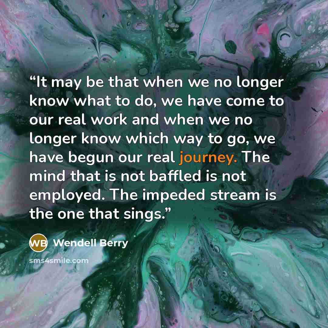 “It may be that when we no longer know what to do, we have come to our real work and when we no longer know which way to go, we have begun our real journey. The mind that is not baffled is not employed. The impeded stream is the one that sings.” quote by Wendell Berry