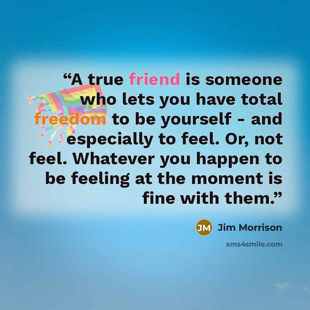 “A true friend is someone who lets you have total freedom to be yourself - and especially to feel. Or, not feel. Whatever you happen to be feeling at the moment is fine with them.” quote by Jim Morrison