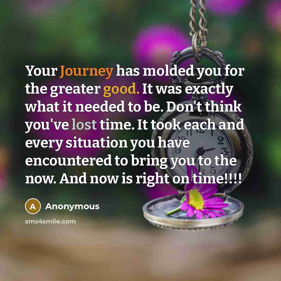 “Your Journey has molded you for the greater good. It was exactly what it needed to be. Don't think you've lost time. It took each and every situation you have encountered to bring you to the now. And now is right on time!!!!” quote by Anonymous