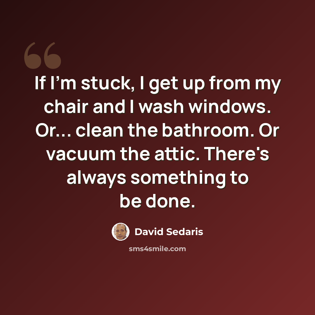 “If I'm stuck, I get up from my chair and I wash windows. Or... clean the bathroom. Or vacuum the attic. There's always something to be done.” quote by David Sedaris
