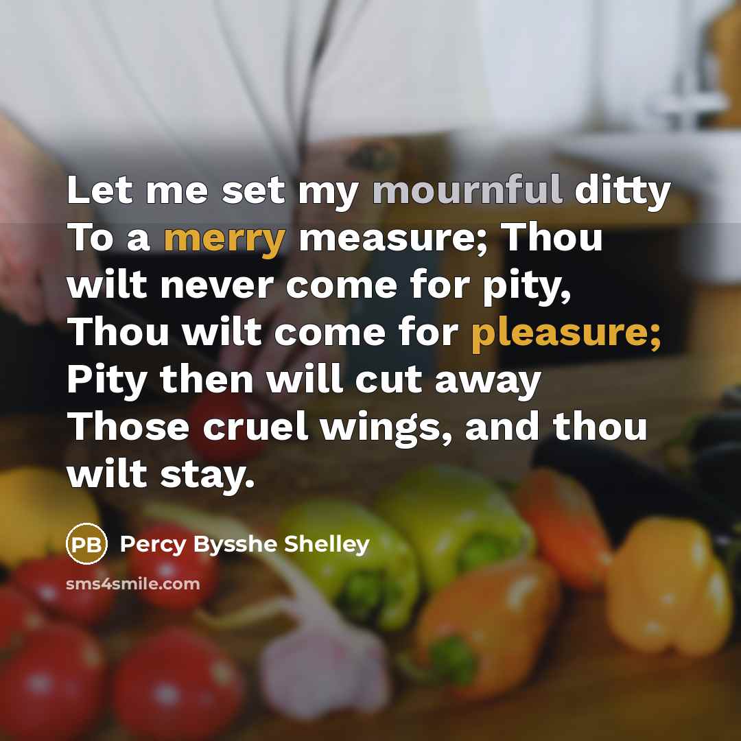 “Let me set my mournful ditty To a merry measure; Thou wilt never come for pity, Thou wilt come for pleasure; Pity then will cut away Those cruel wings, and thou wilt stay.” quote by Percy Bysshe Shelley