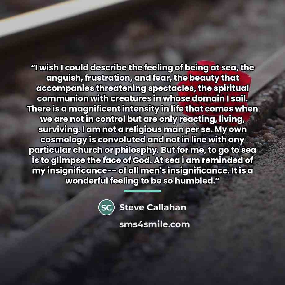 “I wish I could describe the feeling of being at sea, the anguish, frustration, and fear, the beauty that accompanies threatening spectacles, the spiritual communion with creatures in whose domain I sail. There is a magnificent intensity in life that comes when we are not in control but are only…” quote by Steve Callahan