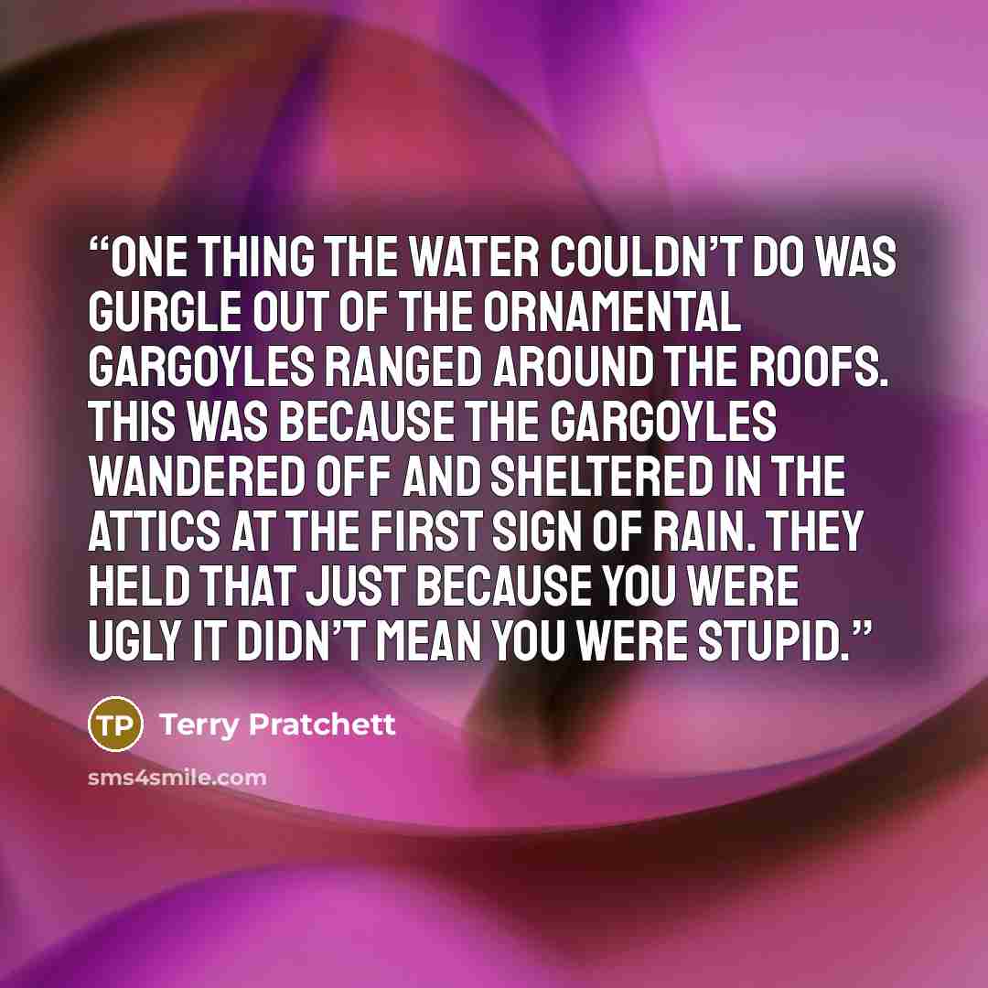 “One thing the water couldn’t do was gurgle out of the ornamental gargoyles ranged around the roofs. This was because the gargoyles wandered off and sheltered in the attics at the first sign of rain. They held that just because you were ugly it didn’t mean you were stupid.” quote by Terry Pratchett